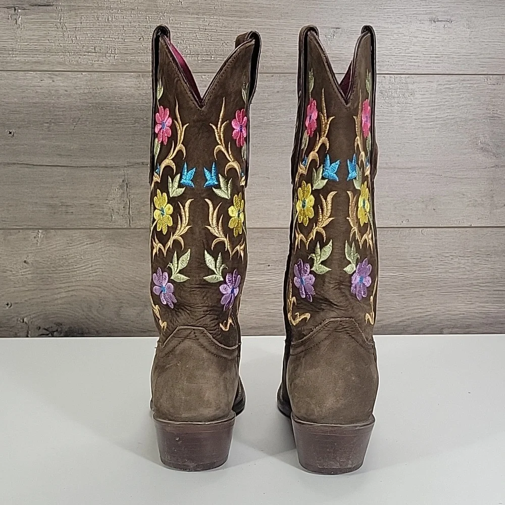 Girls El General Brown Leather Cowboy Boots with Floral Embroidery Sz 6